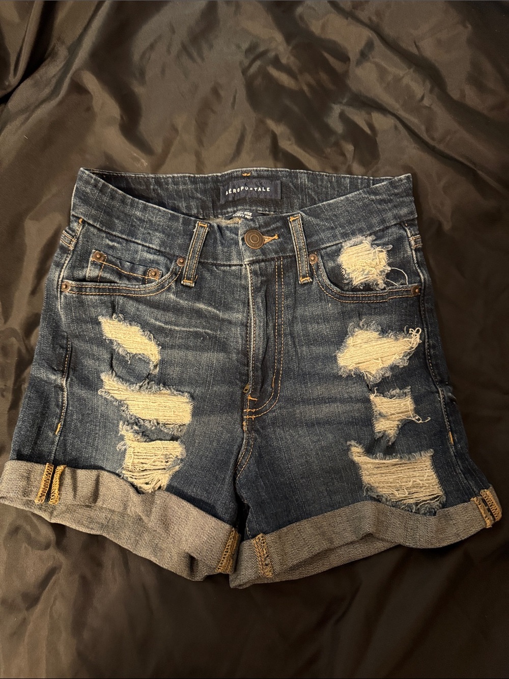 Aeropostale Distressed Dark Blue Rolled Cuff Denim Shorts